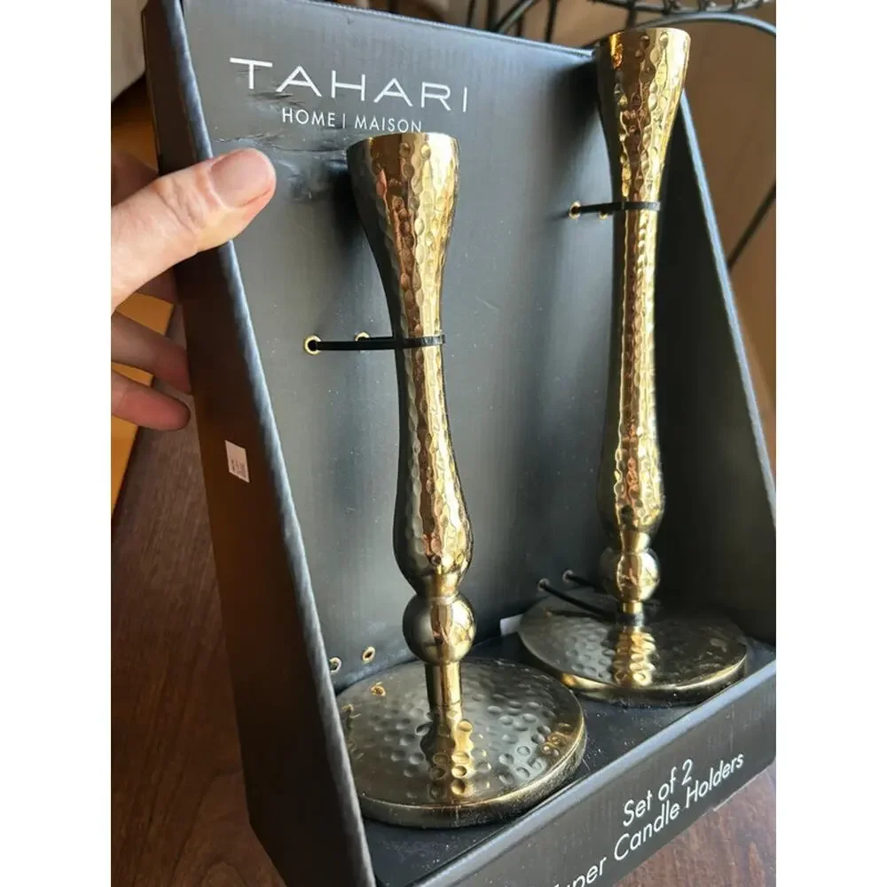New Tahari Home hammered brass taper candle holders gold textured finish